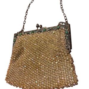 Elegant Iridescent Beaded Antique Evening Bag -Kiss Lock Clasp - Green Accents!